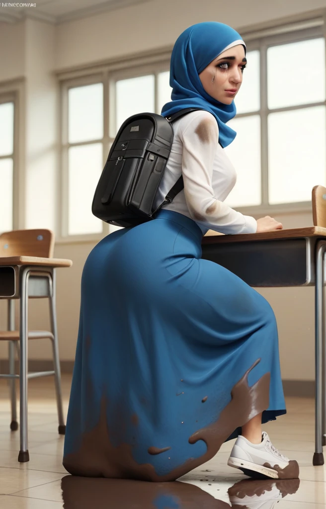 Ultra-realistic, 4k, 1girl, , cute face, pretty face, cute eyes, blue iris, skinny body, fat ass, blue hijab, long blue skirt, tight long sleeve white buttoned shirt, white sneakers, black backpack, crying, both hands on ass, very sweaty, in dirty classroom, near the desk, dirty skirt, dirty chair, dirty clothes, sweaty clothes, (((make the whole image filthy and dirty))), (((mud dripping from long skirt))), stinky atmosphere, filthy atmosphere, mud on long skirt, disgusting long skirt, ((extreme amount of mud on long skirt)),