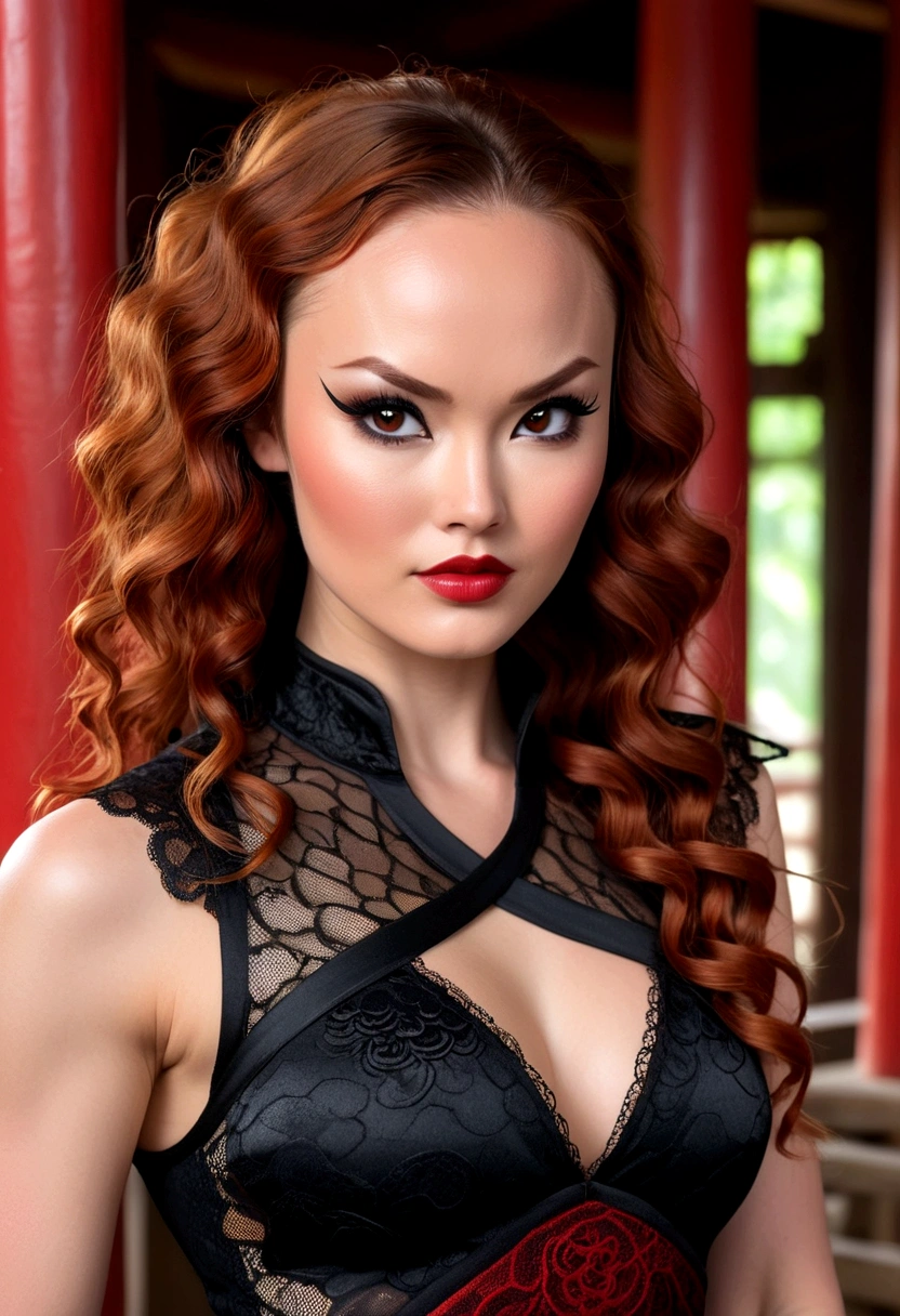 Tori Black asian ninja warrior, ringlets wavy five feet long red hair, dark red glossy lips, heavy black eye shadow long black eyeliner, black lace beautiful and creative sleeveless ninja warrior bodysuit, forehead lace ornament, posing in a Shaolin temple interior, happy expression dark ambience. No faces on her chest!