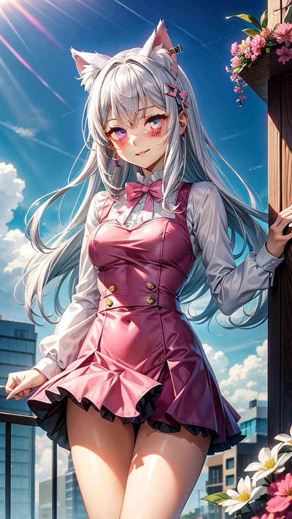 Silver hair, pink eyes, body, cat ears, adult girl, earrings, flower sky background, aqua pink gold uniform, hair bows, happy face, thigh up, holding cat