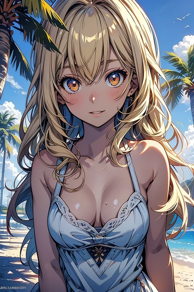 masterpiece, rich colors, Best quality, detailed, high resolution, Hyper quality, high detail, , high quality, detailing, skinny sexy girl on the beach , bright lighting , Brown eyes, Anime, palm trees, bright lighting, blonde,