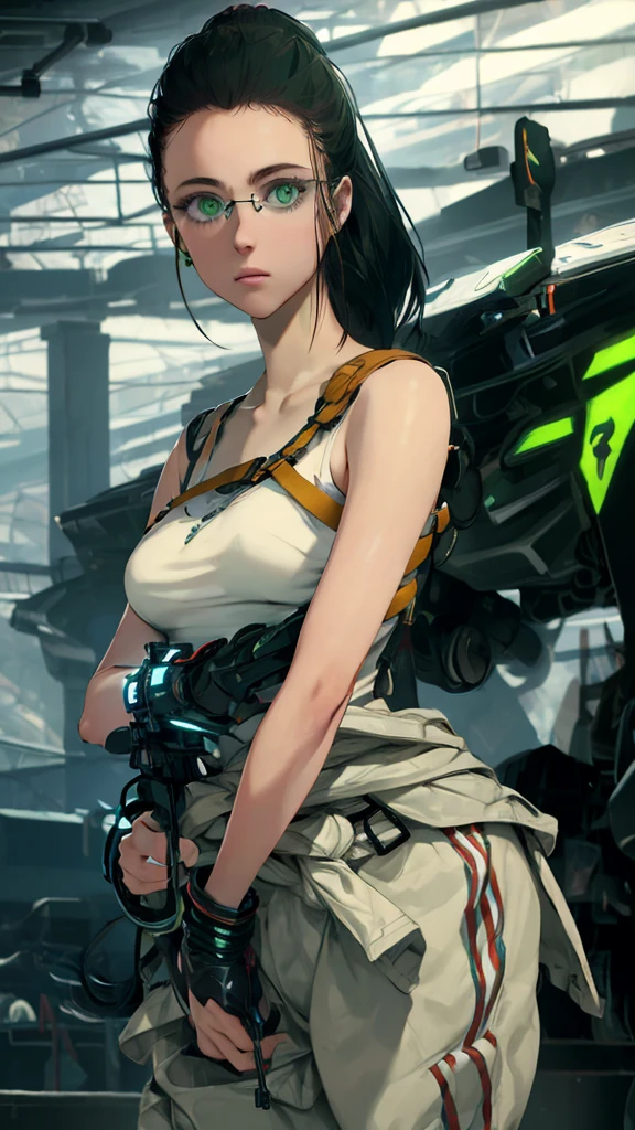 masterpiece, highest quality, (solo focus), (perfect face:1.1), (full body), (high detail:1.1), (hyper detailed eyes), dramatic, a woman with paleskin and long dark green hair, bright green eyes, solo, arrogant expression, neon cybernetic outfit, white background, art by artgerm, cinematic lighting, fashion, BalenciagaStyle