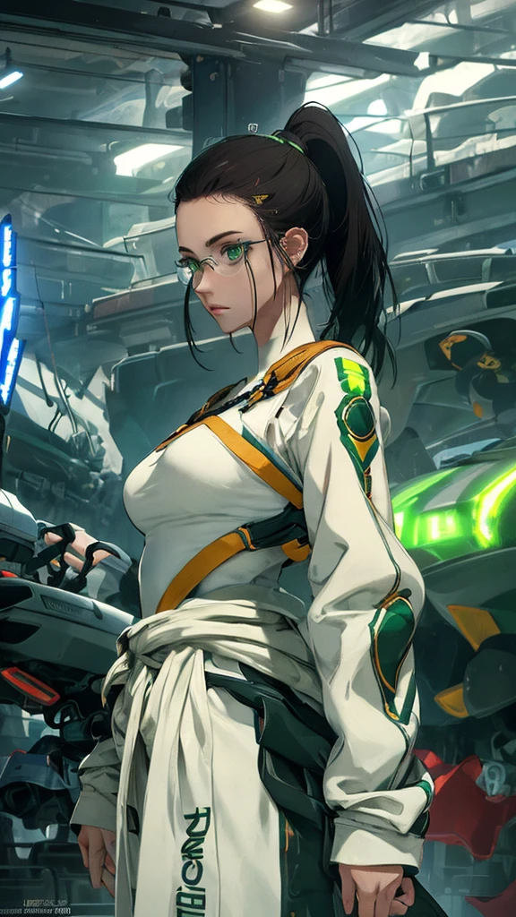 masterpiece, highest quality, (solo focus), (perfect face:1.1), (full body), (high detail:1.1), (hyper detailed eyes), dramatic, a woman with paleskin and long dark green hair, bright green eyes, solo, arrogant expression, neon cybernetic outfit, white background, art by artgerm, cinematic lighting, fashion, BalenciagaStyle