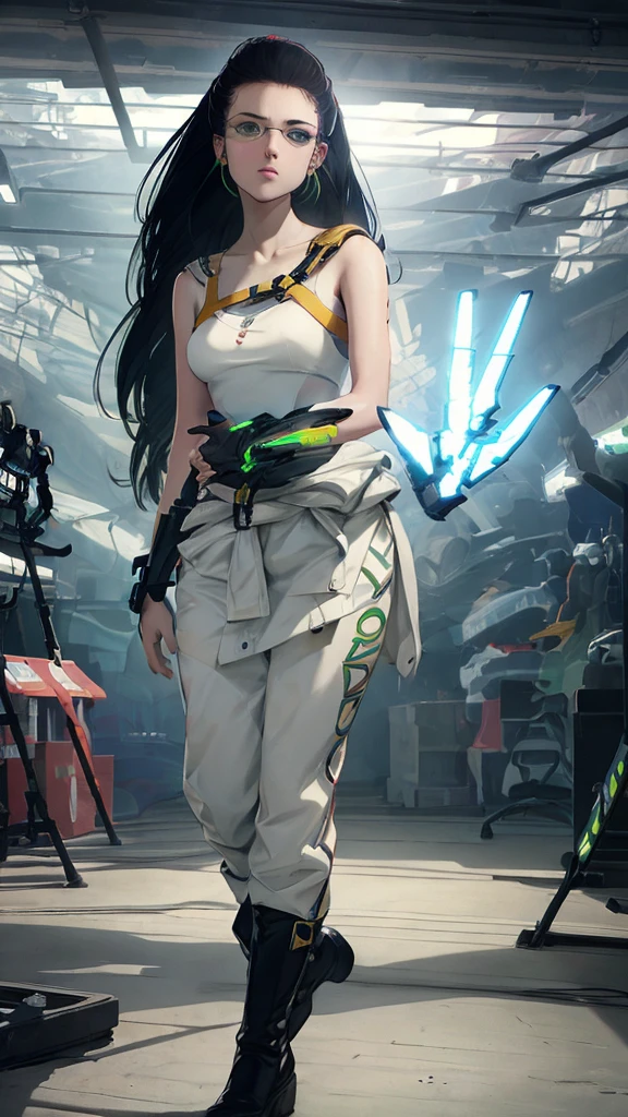 masterpiece, highest quality, (solo focus), (perfect face:1.1), (full body), (high detail:1.1), (hyper detailed eyes), dramatic, a woman with paleskin and long dark green hair, bright green eyes, solo, arrogant expression, neon cybernetic outfit, white background, art by artgerm, cinematic lighting, fashion, BalenciagaStyle