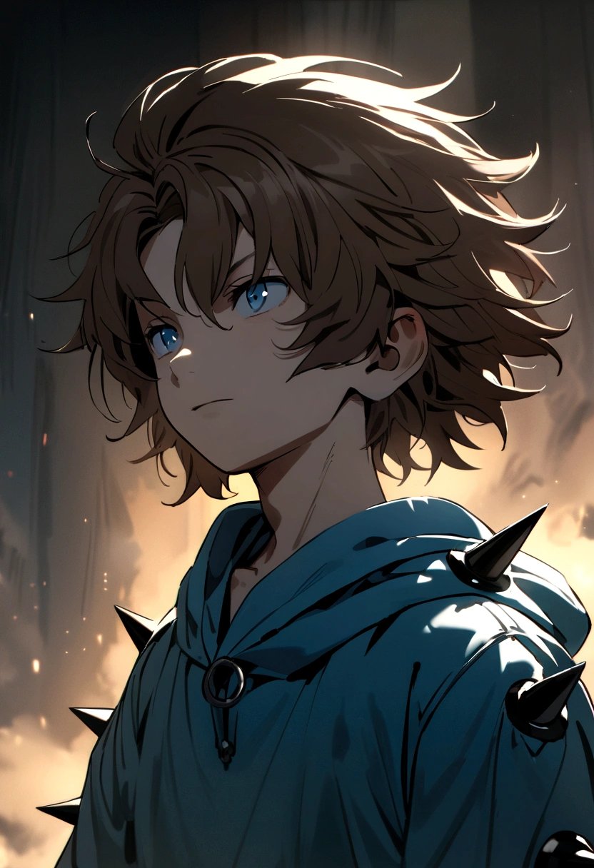 Boy with brown hair, effeminate face and body, , his eyes are sockets, and his hair is in the shape of spikes, with a blue sweatshirt