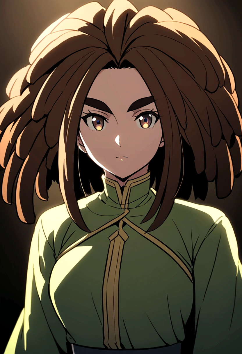 a photo of Ririan, girl, 30 years old, Isekai anime style, beautiful big honey-colored eyes, thicker eyebrows, short brown hair with beautiful, very thick colored dreadlocks, green military clothes.