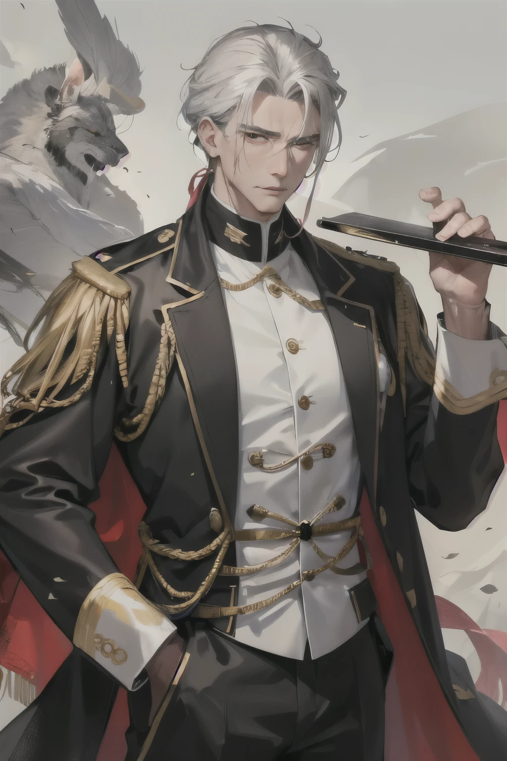 Majestic Portrayal of a Mature American Man: Cao Cao, Age 40,
Half gray hair in a distinguished, well-groomed mane, donning a pristine white shirt, accentuated by a serious, determined expression. A black coat drapes over his broad shoulders, complementing black trousers beneath. A striking scar marks his right cheek, adding an air of battle-hardened wisdom. A hint of a stern jawline is apparent due to his chin entry.
Wearing a United States Army uniform accent, this polished image radiates an aura of expertise and authority. The high level of realism captivates viewers, with fine textures and