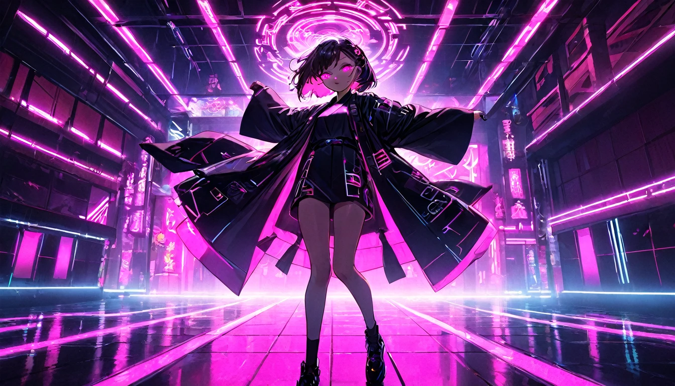 Girl in kimono, teenager, cyberpunk, pink eyes, glowing, neon, black coat, open coat, dance floor,