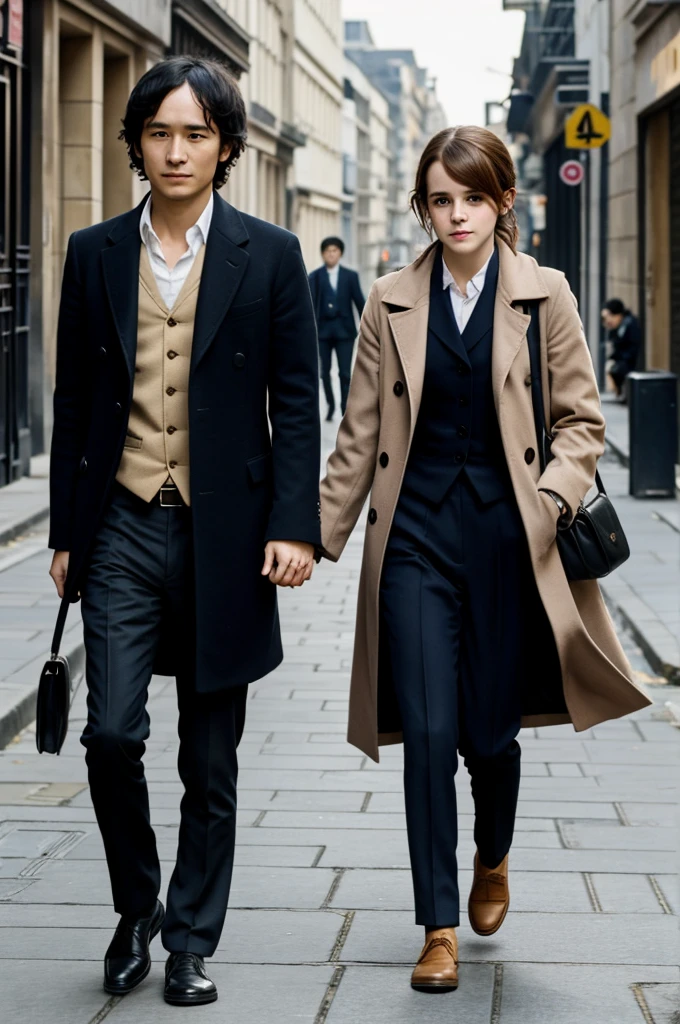 Emma Watson and Osamu Dazai are walking together down the street.