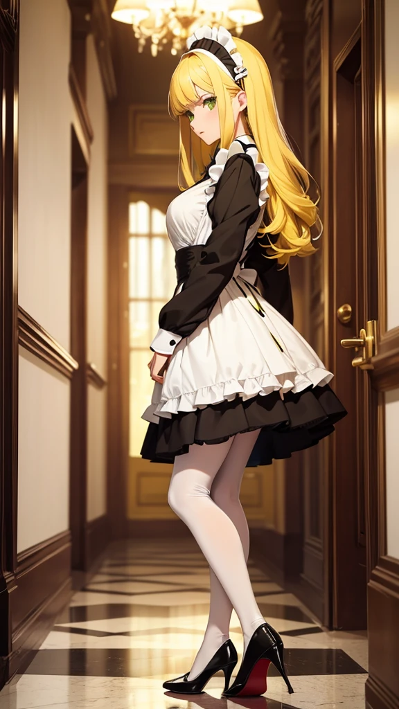 Beautiful Woman Front Standing Hair Full Body Maid Dress Yellow Hair Green Eyes Red Sole Black Heels White Pantyhose 1.1 Looking In Profile Two Legs