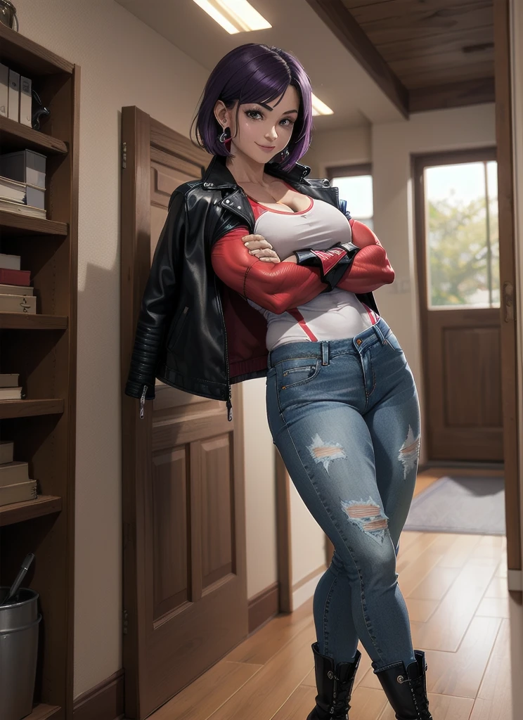 ((best quality)), ((muito detalhado)), ​masterpiece, most absurd, (detailled eyes, deep eyes), (((((((1 girl))))))), Perspective distortion, contrasted, Stand, ((legs auseinander)), crossed arms, ((Full-shot)), (from bottom), Viewers look at, jirou2, purple hair, shorth hair, bangs, black eyes, long earlobes, small breasts, smiling, (Facial spots), neck ribbon, rotes Shirt, , leather jacket, black jacket, open jacket, white fingerless gloves, ((Lange Jeans Hose)), boots, (indoors, in a hall), ((Bodybuilder)), ((((extremely muscular)))), young woman, Muscular, legs ,  Muscular Arme,  Muscularr Oberkörper,  Muscular Bauchmuskeln , Muscular Schultern, Muscularr Rücken,