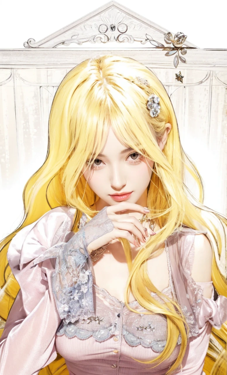 A stunningly lifelike portrait captures a 26-year-old girl with red eyes and beautiful European features. Smile, girl wearing pink dress, girls hair are shiny, healthy and volumous. Girls lips are pink and her eyes are shiny red color