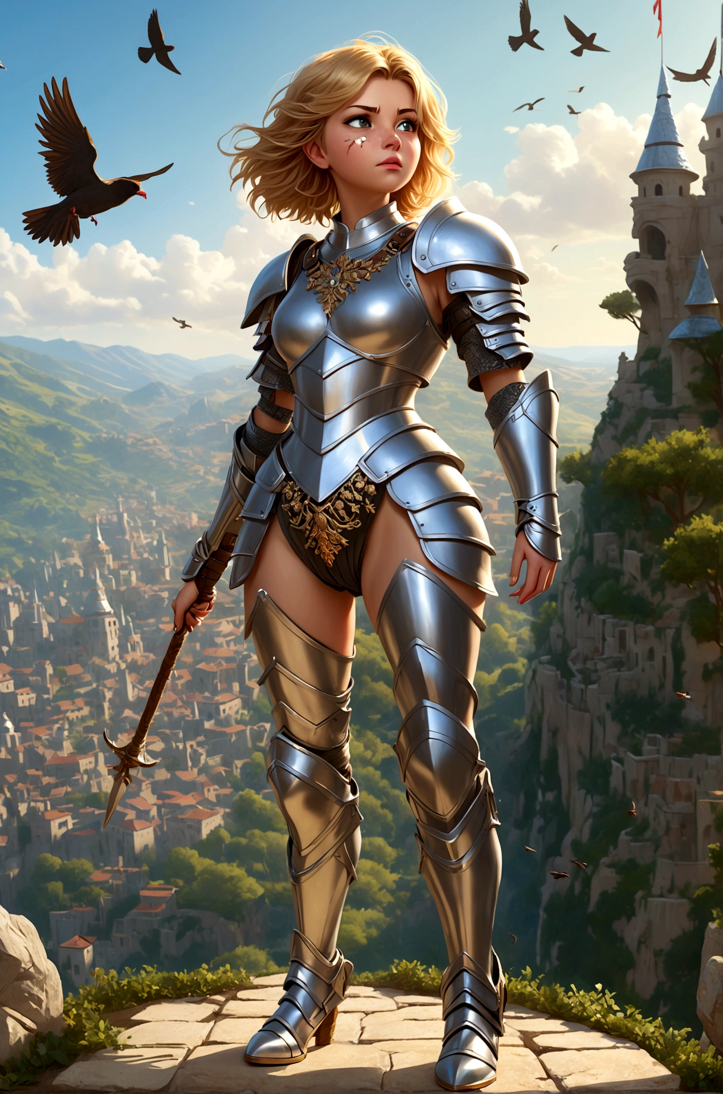 Huge teen tits bimbo, stern face expression, standing on steep heel, sunny day, ((wearing plate full armor with ornament)), eyepatch, broken spears in the ground around, birds in sky far away
