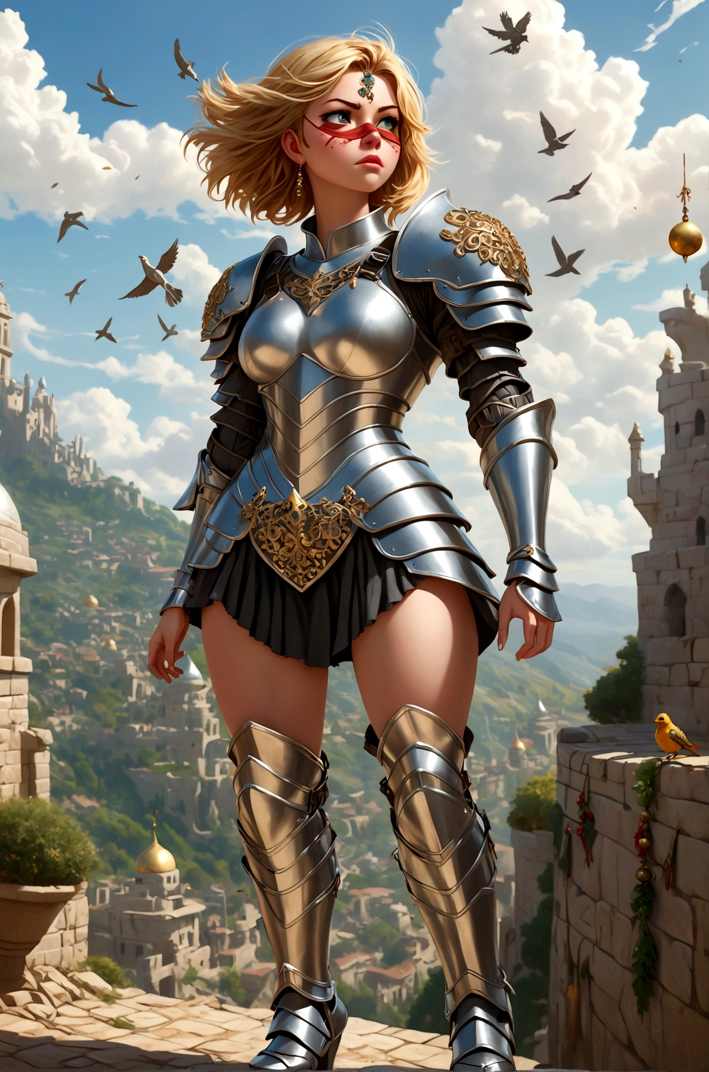 Huge tits bimbo, stern face expression, standing on steep heel, sunny day, ((wearing plate full armor with ornament)), eyepatch, broken spears in the ground around, birds in sky far away