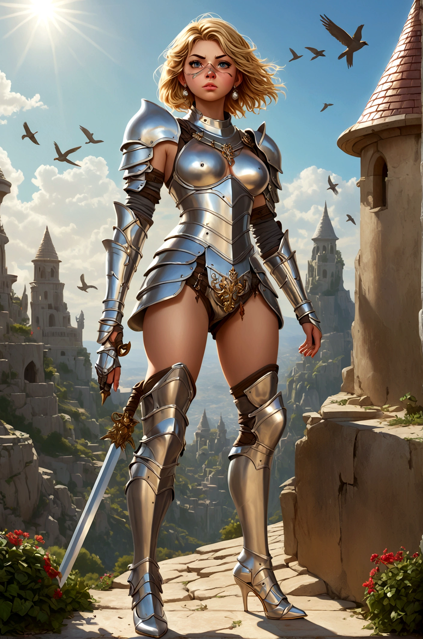 Huge tits bimbo, stern face expression, standing on steep heel, sunny day, ((wearing plate full armor with ornament)), eyepatch, broken spears in the ground around, birds in sky far away