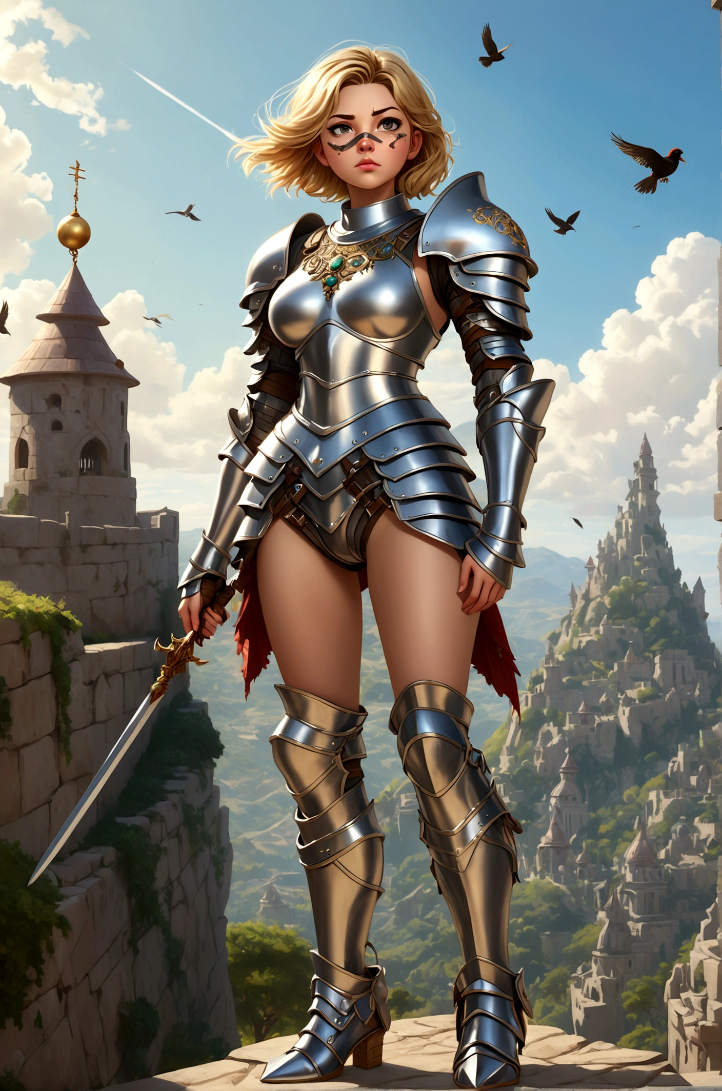 Huge teen tits bimbo, stern face expression, standing on steep heel, sunny day, ((wearing plate full armor with ornament)), eyepatch, broken spears in the ground around, birds in sky far away