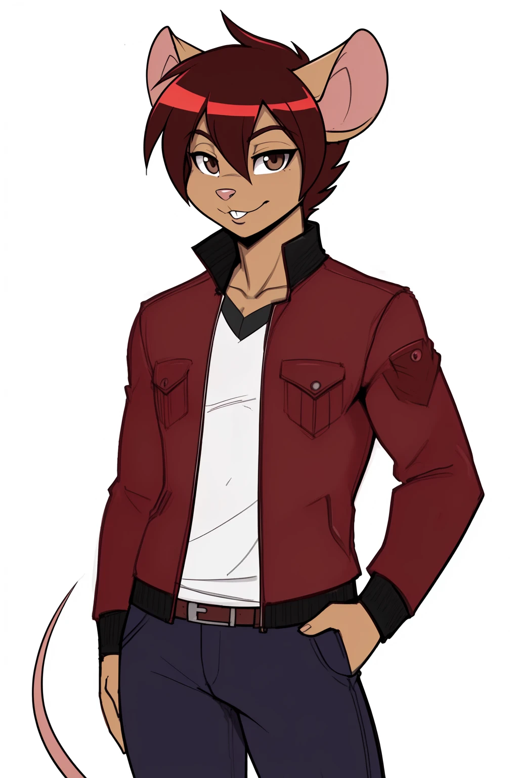 (adult, sketch-ish, 2d, absurdres, cel-shaded, best quality, uploaded on e621, trending on deviantart:1.5), (by john joseco:1.3), (by drako1997, by kadath, by bigdad, by scappo, by shonuff:1.1), (by zeekzag:1.4), (by scappo, by kanel), [by pgm300], (((white background, no background, no lighting, flat color:1.4))), (open expressive eyes, blue-ish brown eyes), (male, anthro, mouse, red body:1.2), adult, solo, (calm, smile), ((dark yellow jacket, short jacket)), (parted fringe, short hair, brown hair), (really thin simple eyebrows:1.3), jeans, (5'8 ft tall body:1.5), (buckteeth), chill dude
