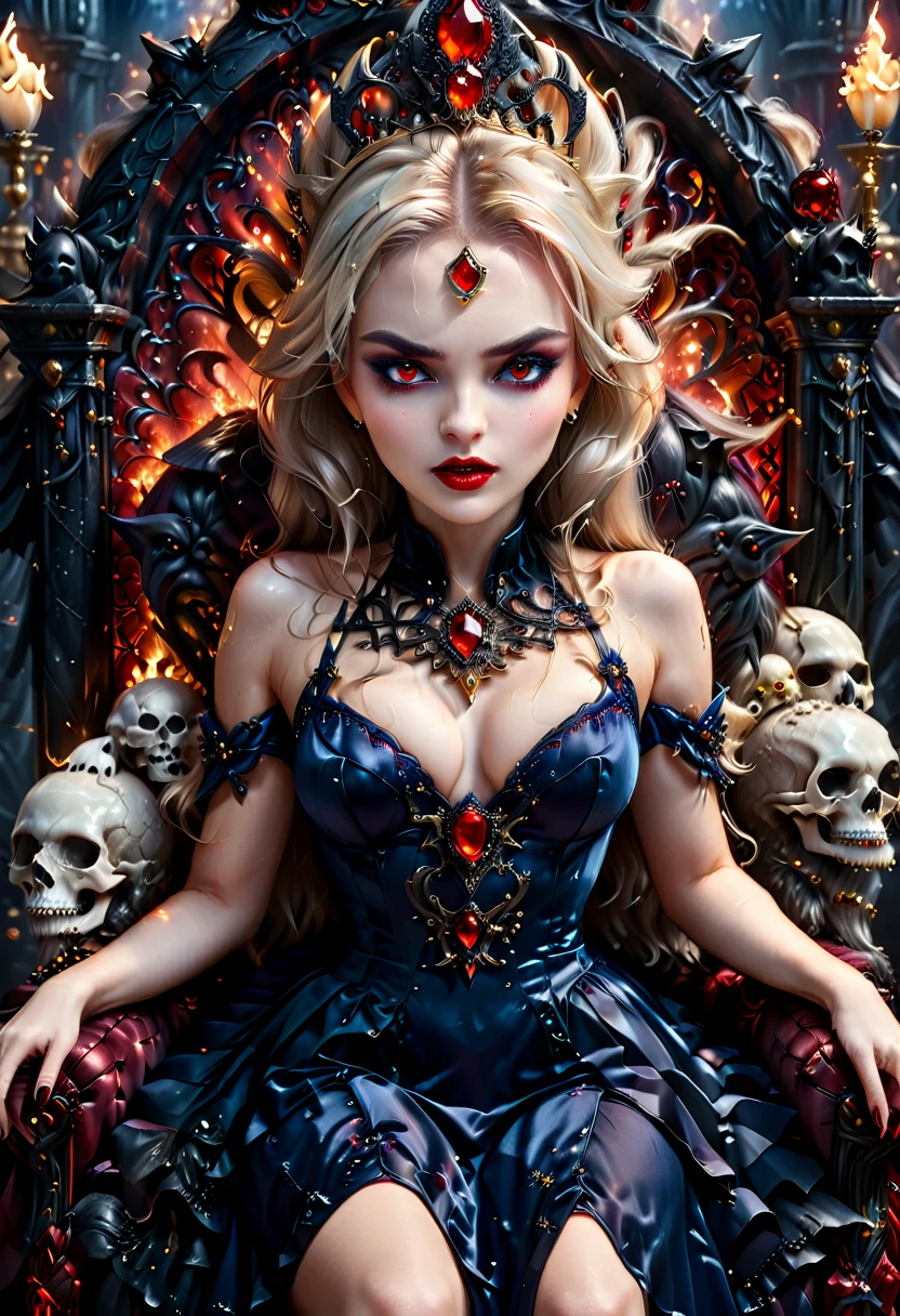 picture of a vampire queen sitting on her dark throne, a (vampire queen: 1.2) wearing dark blue dress, royal dress, glamorous dress, dynamic hair, bold intense eyes, extremely exquisite beautiful queen, perfect body, (anatomically correct: 1.3), ultra feminine, ultra detailed face, red lips, red glowing eyes, she sits on a (dark frightful throne: 1.3) of fear, and might, throne carved from black marble , legendary symmetric design, with (many carvings in the marble: 1.3), skulls on the handles, decorated with rubies, and opal gems, dark fantasy hall room background, (masterpiece: 1.4) intense details, highly detailed, photorealistic, best quality, highres,16k, (ultra detailed:1.3(, masterpiece, best quality, (extremely detailed), close up, ultra wide shot, photorealistic, RAW, fantasy art, dnd art, fantasy art, realistic art,((best quality)), ((masterpiece)), (detailed: 1.5), ral-ntrgmstn, Dark Art Painting Style