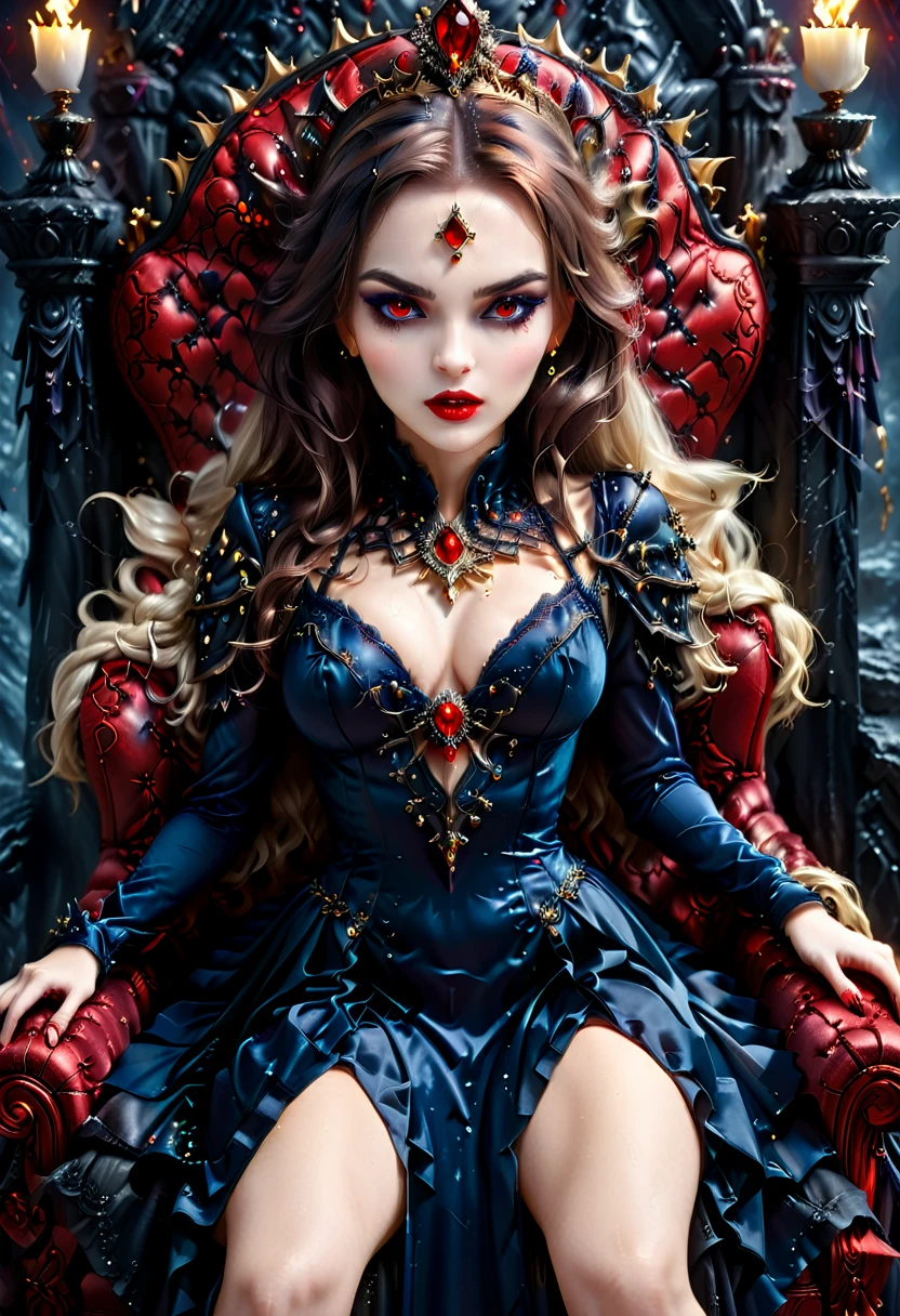 picture of a vampire queen sitting on her dark throne, a (vampire queen: 1.2) wearing dark blue dress, royal dress, glamorous dress, dynamic hair, bold intense eyes, extremely exquisite beautiful queen, perfect body, (anatomically correct: 1.3), ultra feminine, ultra detailed face, red lips, red glowing eyes, she sits on a (dark frightful throne: 1.3) of fear, and might, throne carved from black marble , legendary symmetric design, with (many carvings in the marble: 1.3), skulls on the handles, decorated with rubies, and opal gems, dark fantasy hall room background, (masterpiece: 1.4) intense details, highly detailed, photorealistic, best quality, highres,16k, (ultra detailed:1.3(, masterpiece, best quality, (extremely detailed), close up, ultra wide shot, photorealistic, RAW, fantasy art, dnd art, fantasy art, realistic art,((best quality)), ((masterpiece)), (detailed: 1.5), ral-ntrgmstn, Dark Art Painting Style