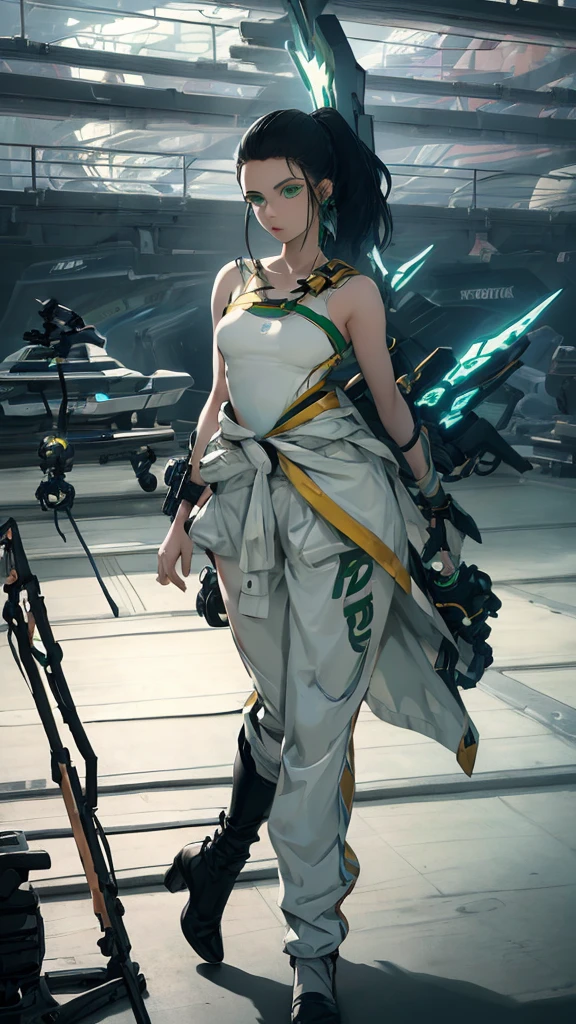 masterpiece, highest quality, (solo focus), (perfect face:1.1), (full body), (high detail:1.1), (hyper detailed eyes), dramatic, a woman with paleskin and long dark green hair, bright green eyes, solo, arrogant expression, neon cybernetic outfit, white background, art by artgerm, cinematic lighting, fashion, BalenciagaStyle