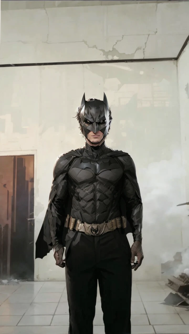 Christian Bale dressed in jacket and pants reminiscent of batman costume with the iconic perfect batman logo posing on camera in front of his batmobile, Explosions, Destroyed buildings collapsed, Rising smoke, Chamas roxas, luzes roxas e azuis refletidas, Realistic, fotografia, Canon EOS R6