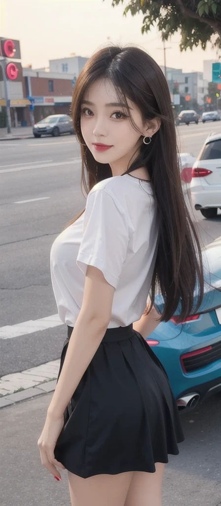 1 beautiful girl, Sad girl, Long Hair, 18-year-old, A beautiful face without blemishes, Rosy Face, Earrings, Brown eyes, Thin eyebrows, The most thorough makeup is the eyelashes, Pink lipstick, lips , Elegant smile, Her breasts are large and round, Slim waist, Big Breasts, moderately large butt, Long legs, Please wear a thin white shirt that reaches down to your waist so that your underwear is visible., Wearing a black skirt, Thighs, Long Hair, One afternoon, The sun is setting, The sky is orange, Sunny sunset background image, Quality Best image quality, 8K quality, Real Girls, artwork, whole body