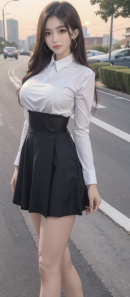 1 beautiful girl, Sad girl, Long Hair, 18-year-old, A beautiful face without blemishes, Rosy Face, Earrings, Brown eyes, Thin eyebrows, The most thorough makeup is the eyelashes, Pink lipstick, lips , Elegant smile, Her breasts are large and round, Slim waist, Big Breasts, moderately large butt, Long legs, Please wear a thin white shirt that reaches down to your waist so that your underwear is visible., Wearing a black skirt, Thighs, Long Hair, One afternoon, The sun is setting, The sky is orange, Sunny sunset background image, Quality Best image quality, 8K quality, Real Girls, artwork, whole body