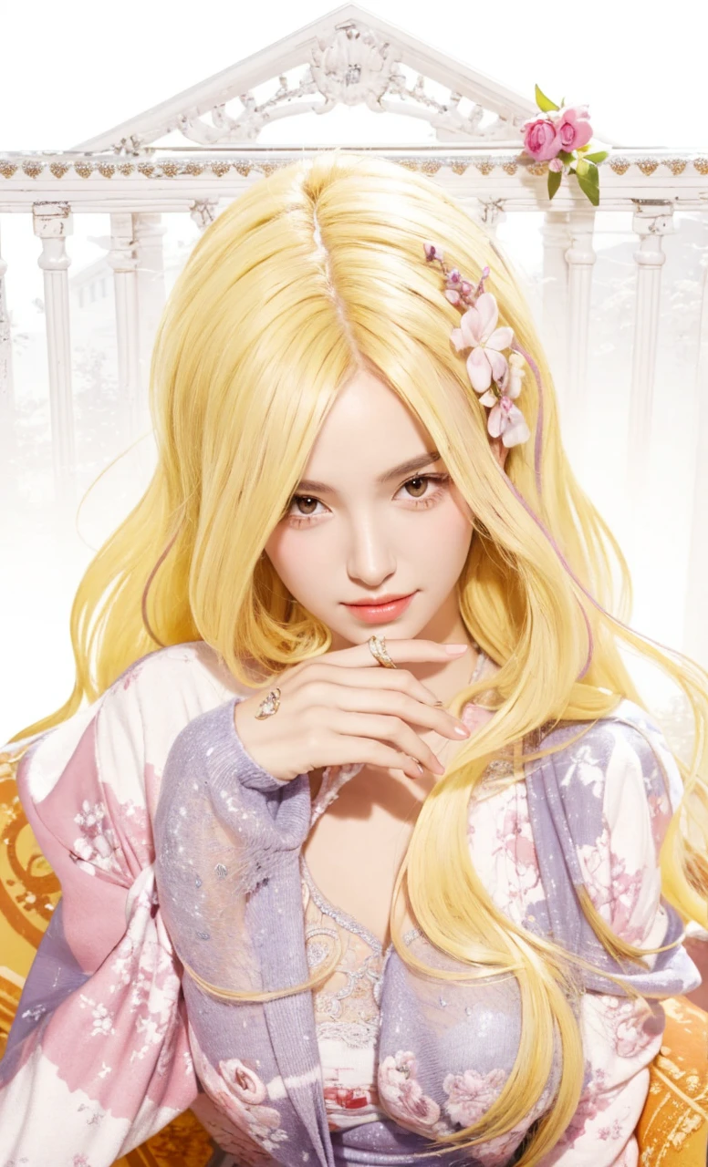 A stunningly lifelike portrait captures a 26-year-old girl with red eyes and beautiful European features. Smile, girl wearing pink dress, girls hair are shiny, healthy and volumous. Girls lips are pink and her eyes are shiny red color