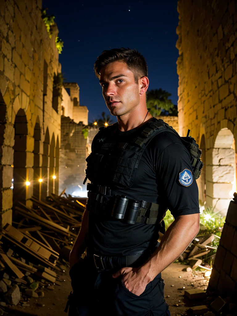 Special forces soldier, tactical vest, black T-shirt, tactical pants, special forces unloading, standing in the middle of the ruins, looking at the viewer, night, dark lighting, depth of field, bokeh