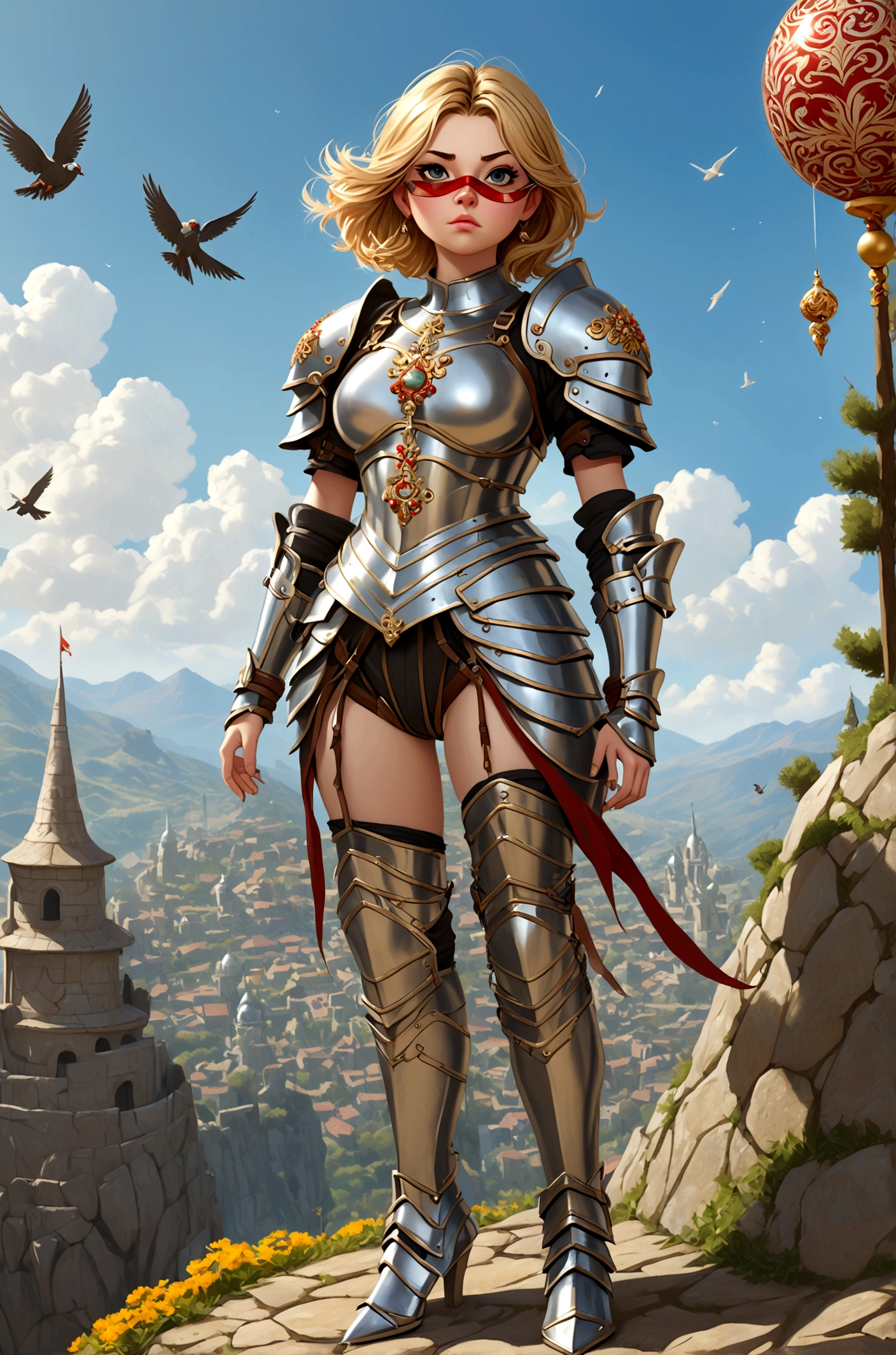 Huge teen tits bimbo, stern face expression,  standing on steep heel, sunny day, ((wearing plate full armor with ornament)), eyepatch, broken spears in the ground around, birds in sky far away