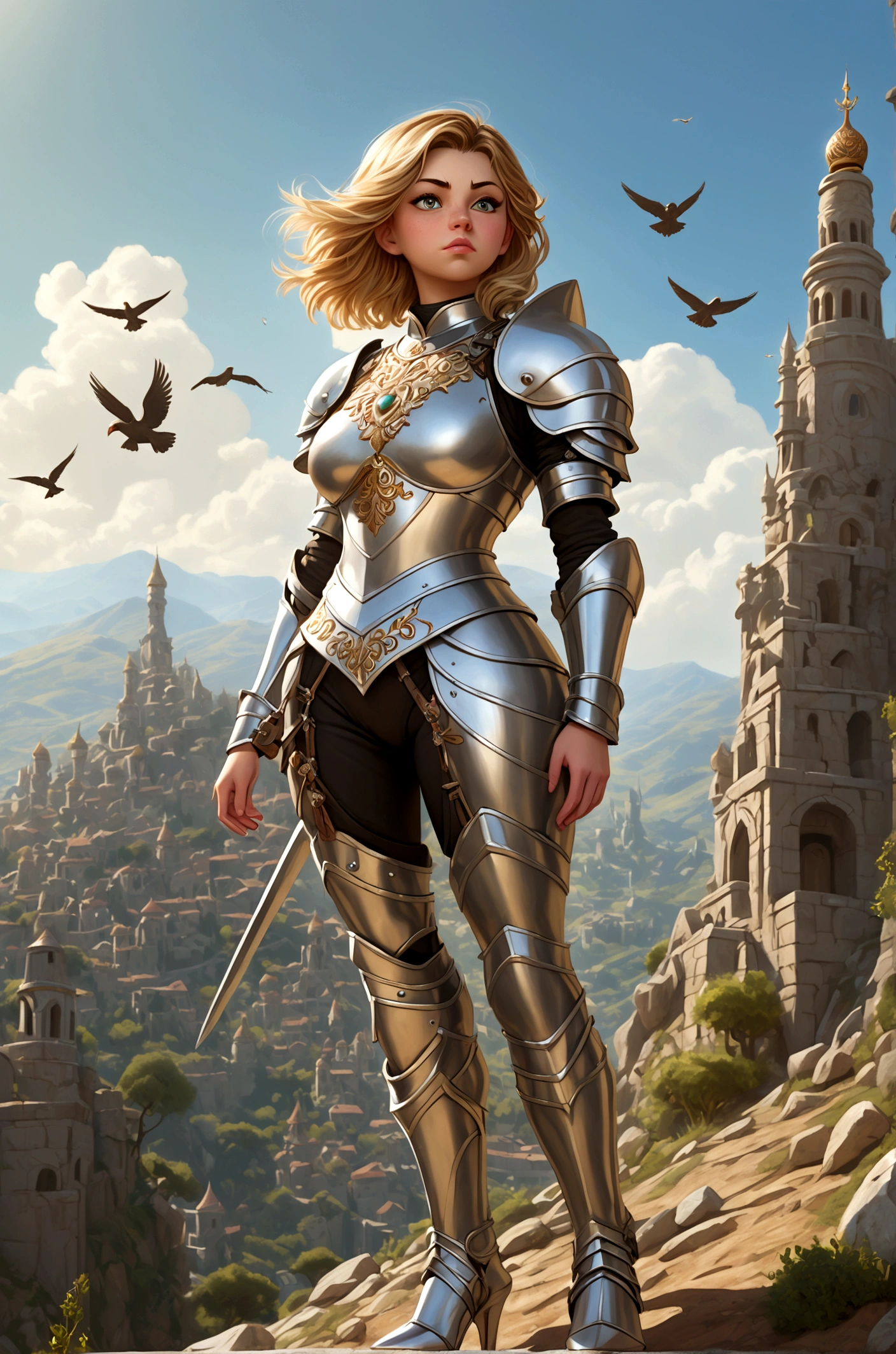 Huge teen tits bimbo, stern face expression,  standing on steep heel, sunny day, ((wearing plate full armor with ornament)), eyepatch, broken spears in the ground around, birds in sky far away