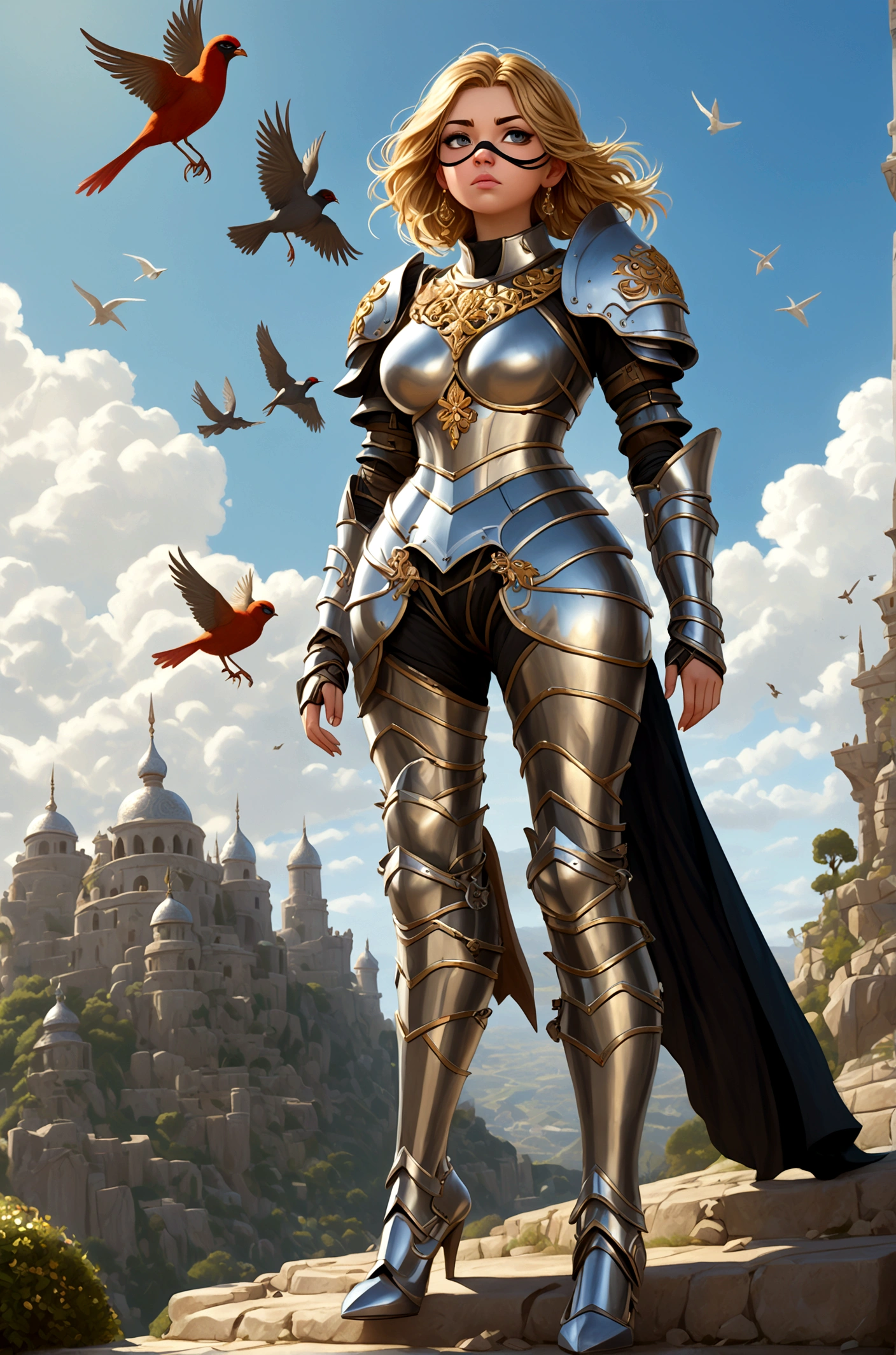 Huge teen tits bimbo, stern face expression,  standing on steep heel, sunny day, ((wearing plate full armor with ornament)), eyepatch, broken spears in the ground around, birds in sky far away