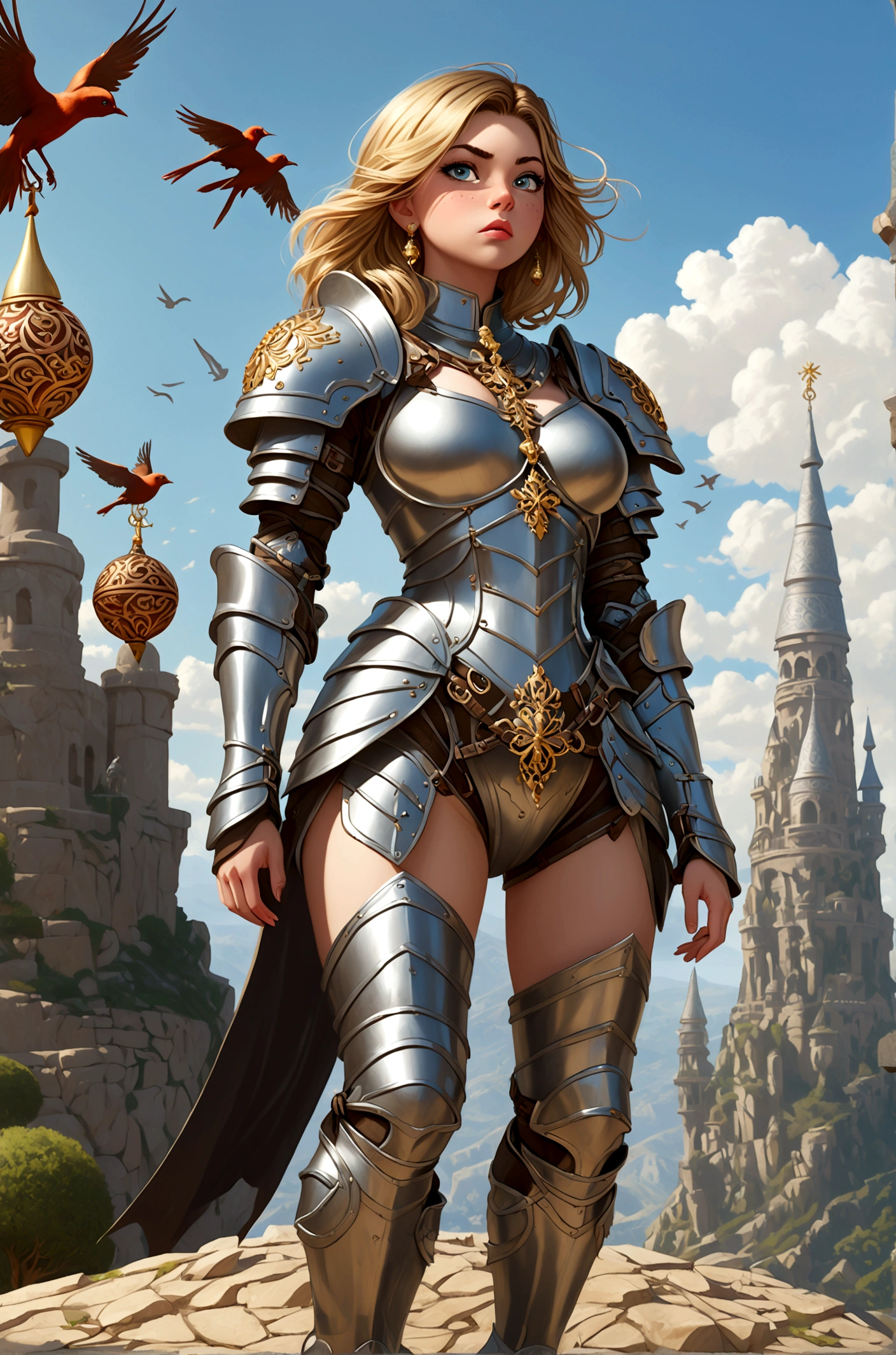 Huge teen tits bimbo, stern face expression,  standing on steep heel, sunny day, ((wearing plate full armor with ornament)), eyepatch, broken spears in the ground around, birds in sky far away