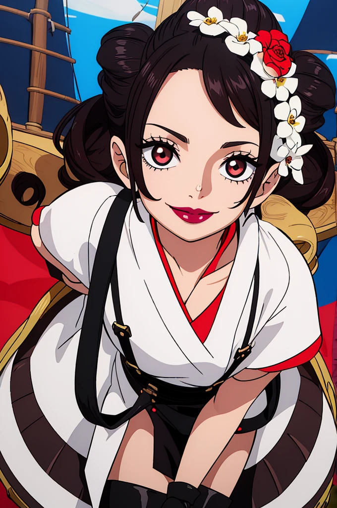 ((Artwork)), 4K, One Piece style, 1 girl, detailed face, heart face, female Japanese eye, small nose, medium lips painted with black lipstick, red iris color, smiling, shoulder-length curly hair painted black and white, wearing a white short-sleeved shirt, wearing brown leather gloves, wearing a black skirt with white stripes with suspenders, wearing two boots with spikes, on a pirate ship, looking at the screen.