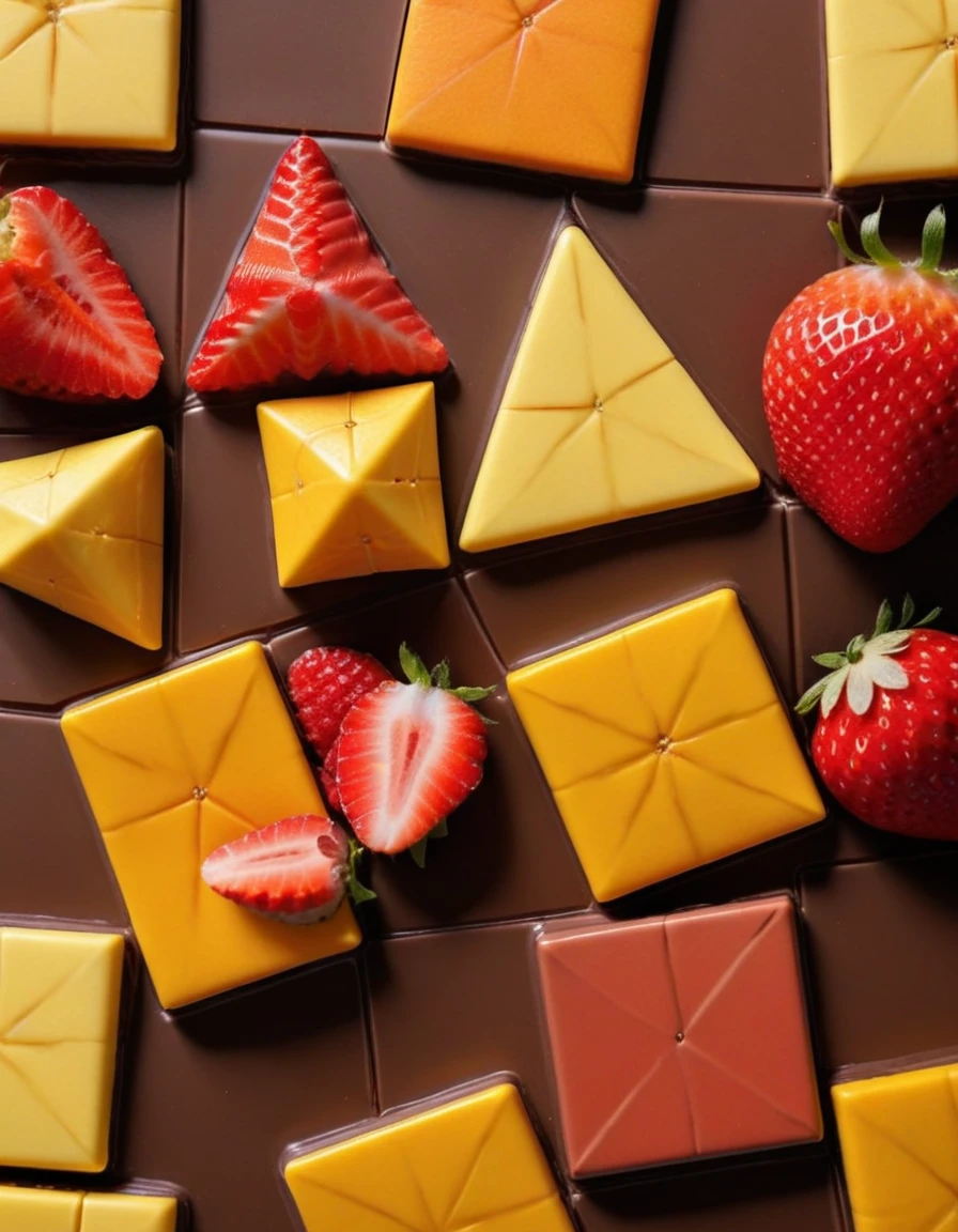 (irregular pattern with squares pentacles and triangles on a white background, chocolate brown and mango orange and strawberry red and lemon yellow colors cheme), closeup, macroscopic photo, hyperdetalization, hyperrealism, beautiful foreshortening, cinematic, glow, reflexes, illuminated ((dominant three colors))