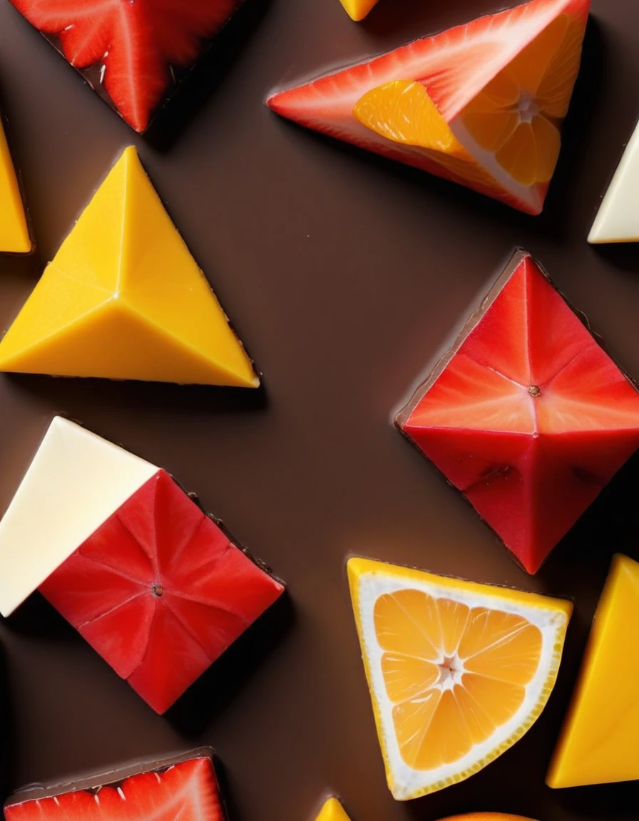 (irregular pattern with squares pentacles and triangles on a white background, chocolate brown and mango orange and strawberry red and lemon yellow colors cheme), closeup, macroscopic photo, hyperdetalization, hyperrealism, beautiful foreshortening, cinematic, glow, reflexes, illuminated ((dominant three colors))