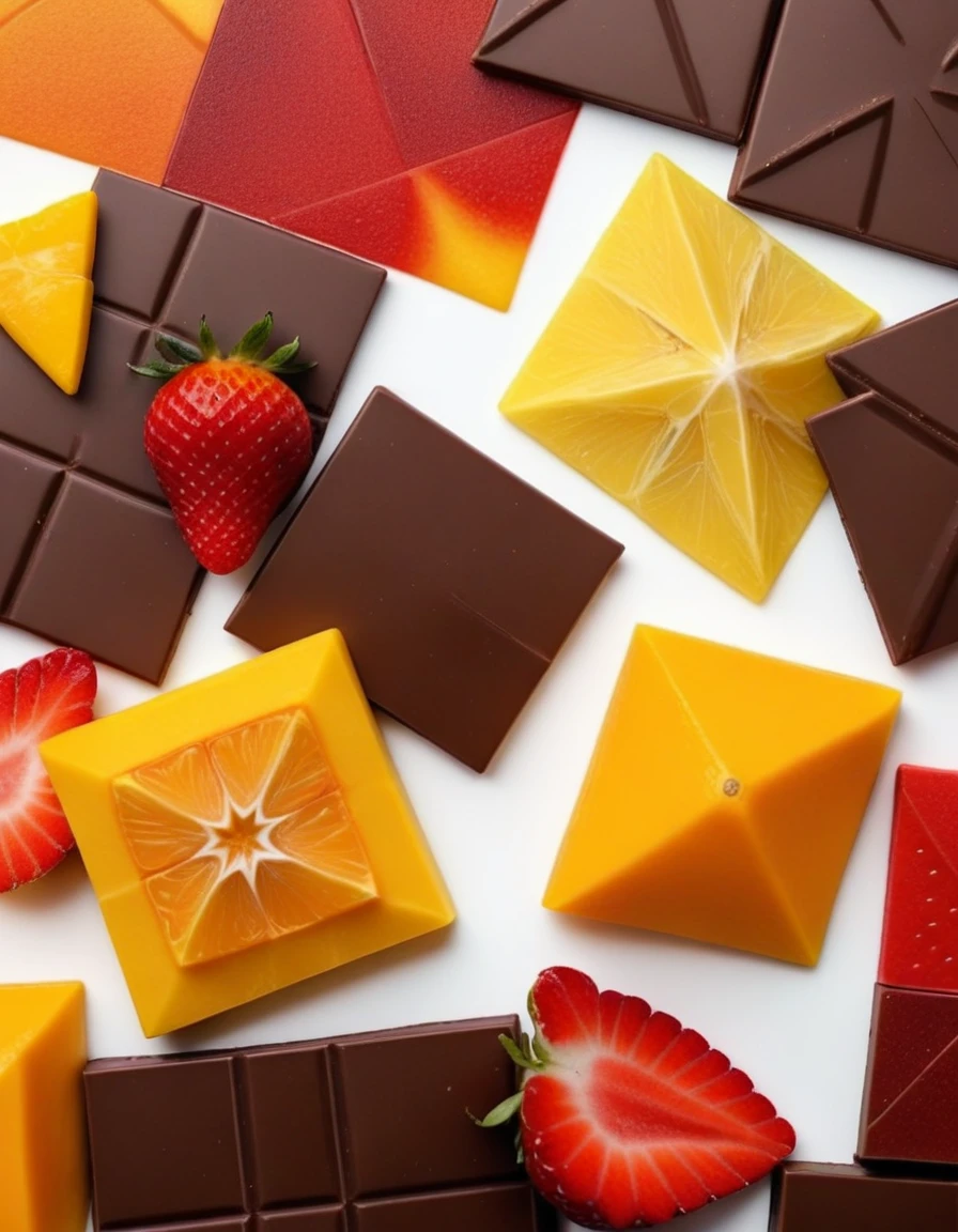 (irregular pattern with squares pentacles and triangles on a white background, chocolate brown and mango orange and strawberry red and lemon yellow colors cheme), closeup, macroscopic photo, hyperdetalization, hyperrealism, beautiful foreshortening, cinematic, glow, reflexes, illuminated ((dominant three colors))