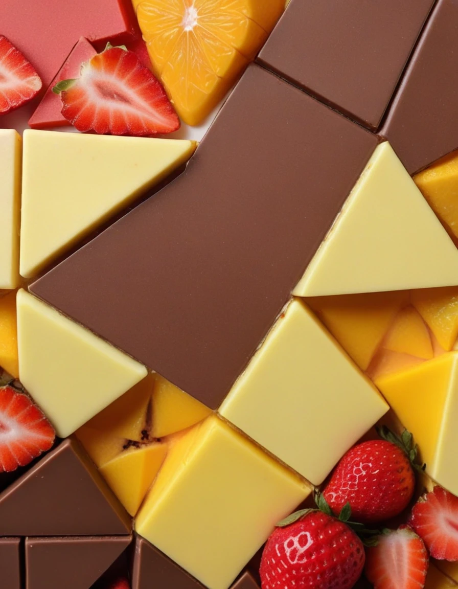 (irregular pattern with squares pentacles and triangles on a white background, chocolate brown and mango orange and strawberry red and lemon yellow colors cheme), closeup, macroscopic photo, hyperdetalization, hyperrealism, beautiful foreshortening, cinematic, glow, reflexes, illuminated ((dominant three colors))