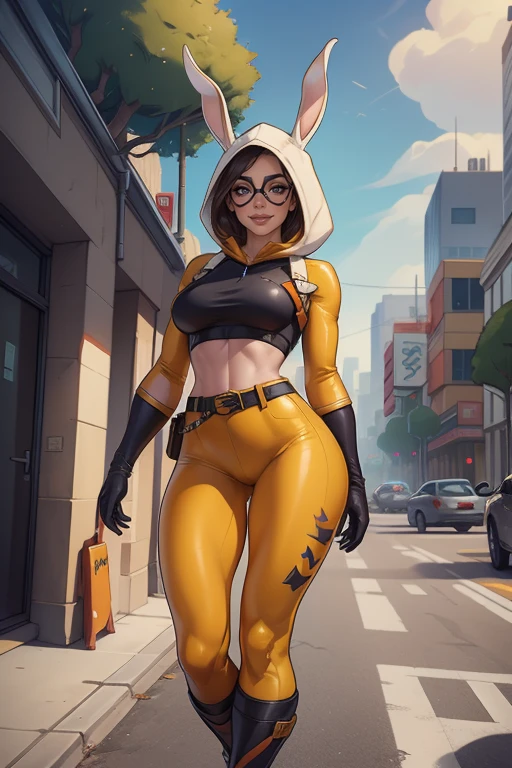 A high quality unreal engine render of Fortnite_Highwire, (Bunny Version:1.4), Hood Up, Sunglasses, Straps, Catsuit, Croptop, Long Sleeves, Bare Midriff, Hip Belt, Hip Holster, Skintight Pants, Big Collar, Shin Guard, Belt, Boots, Gloves, (Outdoor:1.5), CG, Octane Render, 8k uhd, soft lighting, high quality, ambient occlusion, 