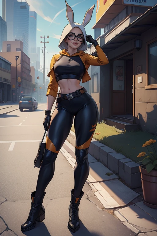 A high quality unreal engine render of Fortnite_Highwire, (Bunny Version:1.4), Hood Up, Sunglasses, Straps, Catsuit, Croptop, Long Sleeves, Bare Midriff, Hip Belt, Hip Holster, Skintight Pants, Big Collar, Shin Guard, Belt, Boots, Gloves, (Outdoor:1.5), CG, Octane Render, 8k uhd, soft lighting, high quality, ambient occlusion, 