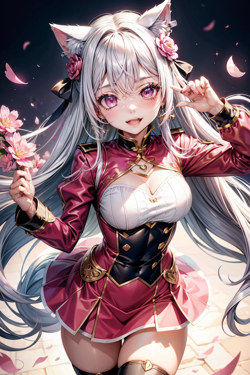 Silver hair, pink eyes, body, cat ears, adult girl, earrings, flower sky background, red pink gold uniform, hair bows, happy face, thigh up, holding cat