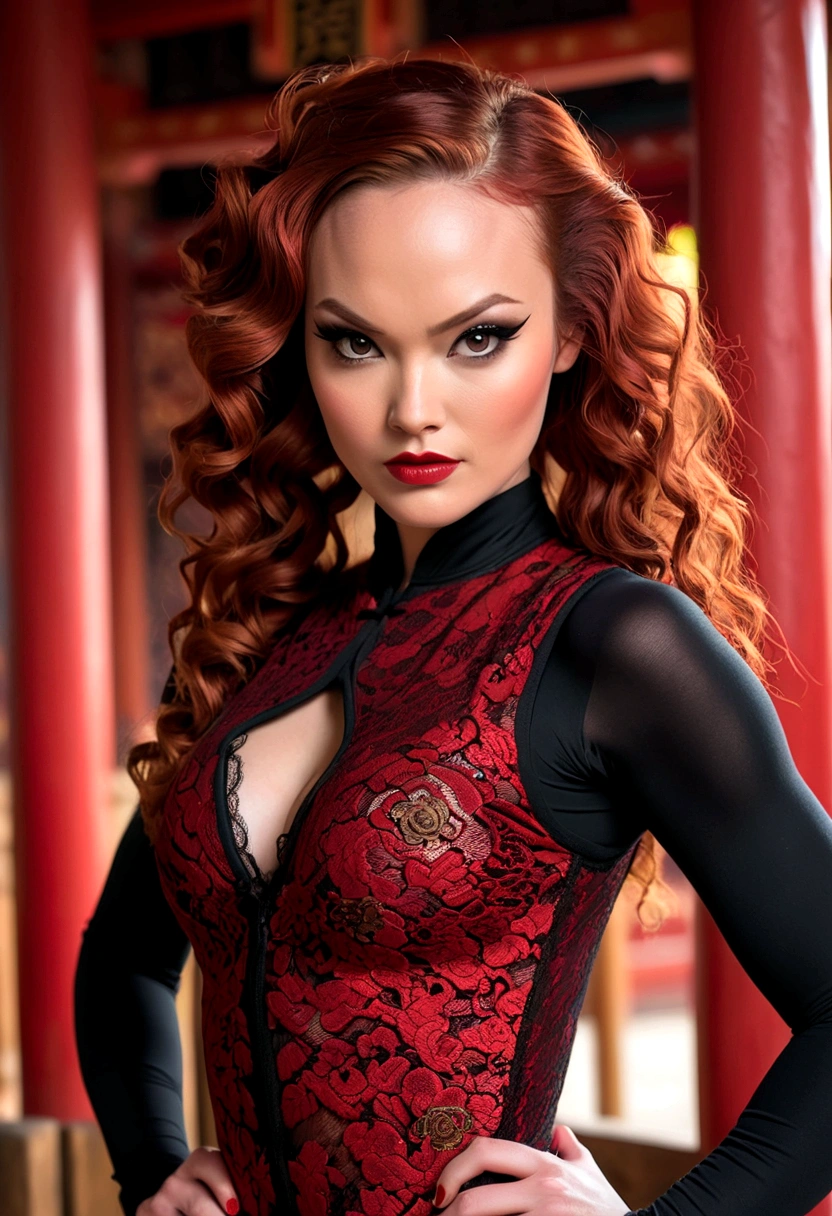Tori Black asian ninja warrior, ringlets wavy five feet long red hair, dark red glossy lips, heavy black eye shadow long black eyeliner, black lace beautiful and creative sleeveless ninja warrior bodysuit, forehead lace ornament, posing in a Shaolin temple interior, happy expression dark ambience. No faces on her chest!