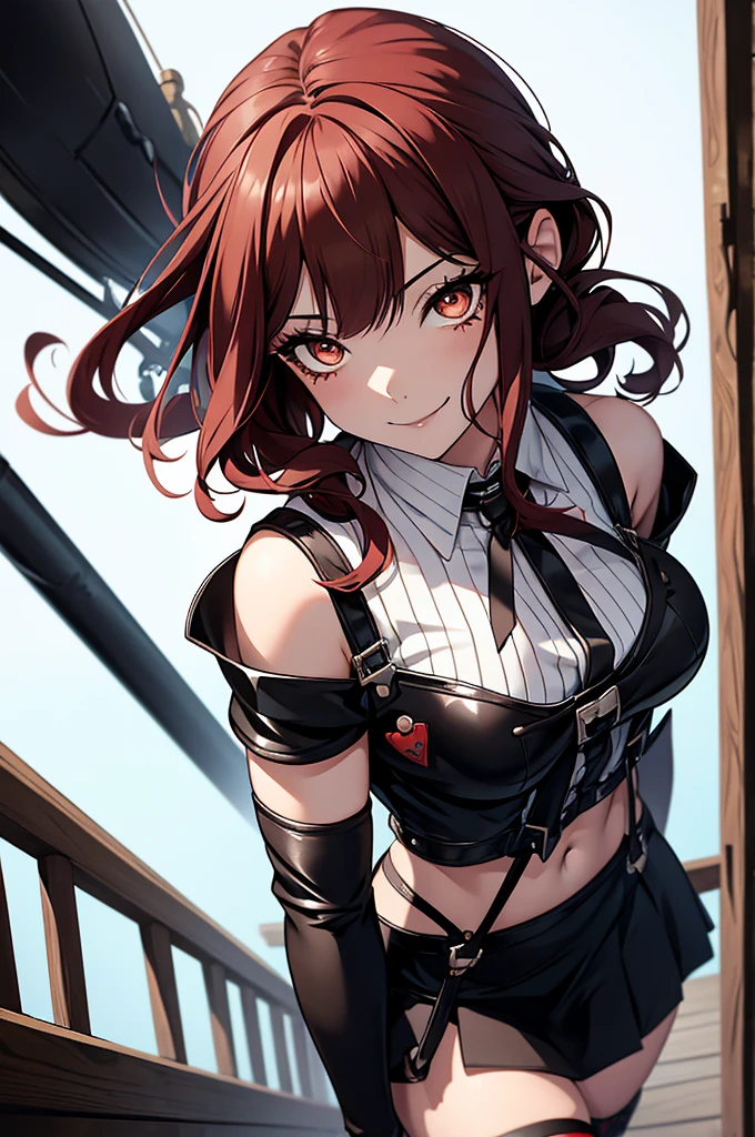 ((Artwork)), 4K, One Piece style, 1 girl, detailed face, heart face, female Japanese eye, small nose, medium lips painted with black lipstick, red iris color, smiling, shoulder-length curly hair painted black and white, wearing a white short-sleeved shirt, wearing brown leather gloves, wearing a black skirt with white stripes with suspenders, wearing two boots with spikes, on a pirate ship, looking at the screen.