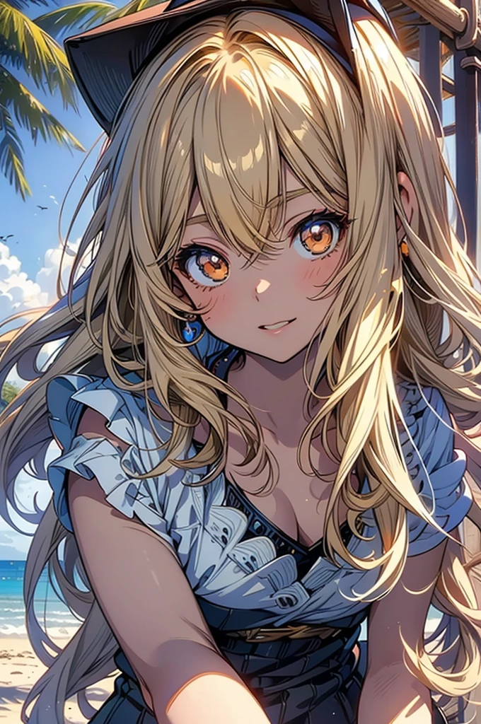 masterpiece, rich colors, Best quality, detailed, high resolution, Hyper quality, high detail, , high quality, detailing, skinny sexy girl on the beach , bright lighting , Brown eyes, Anime, palm trees, bright lighting, blonde,