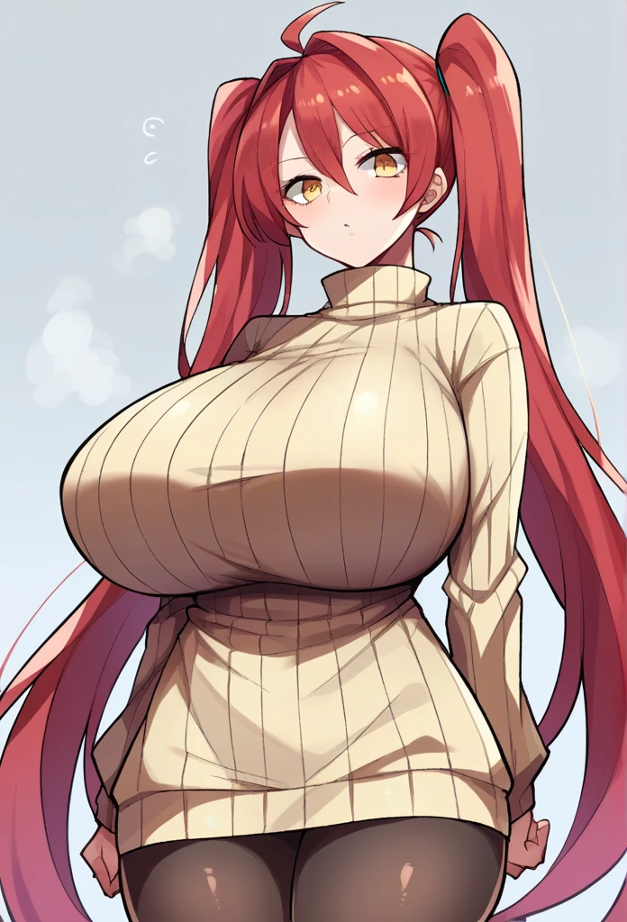 score_9, score_8_up, score_7_up, source_anime BREAK 1girl, solo, standing, cowboy shot, pantyhose, turtleneck sweater, ribbed sweater, sweater dress, red hair, twintails, very long hair, yellow eyes, huge breasts