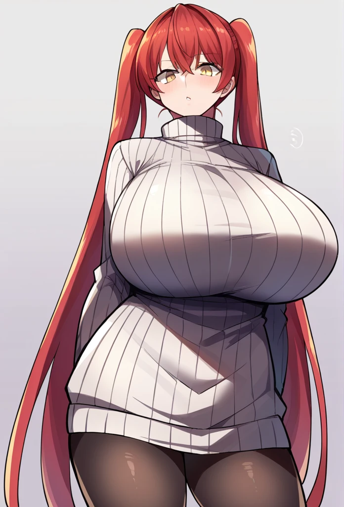score_9, score_8_up, score_7_up, source_anime BREAK 1girl, solo, standing, cowboy shot, pantyhose, turtleneck sweater, ribbed sweater, sweater dress, red hair, twintails, very long hair, yellow eyes, huge breasts