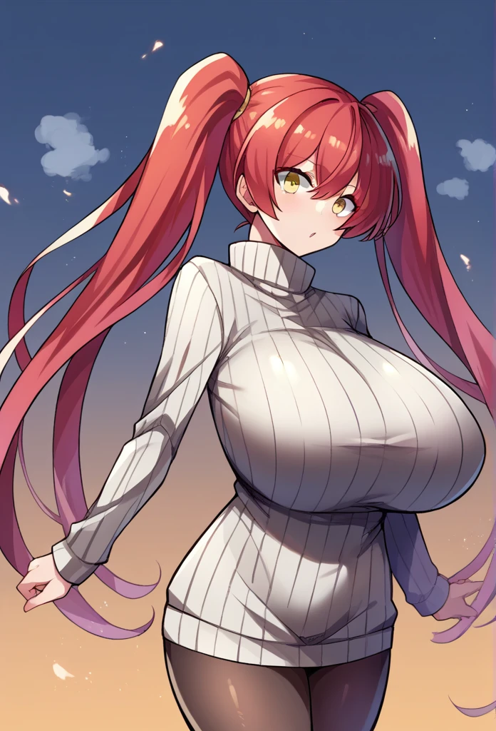 score_9, score_8_up, score_7_up, source_anime BREAK 1girl, solo, standing, cowboy shot, pantyhose, turtleneck sweater, ribbed sweater, sweater dress, red hair, twintails, very long hair, yellow eyes, huge breasts