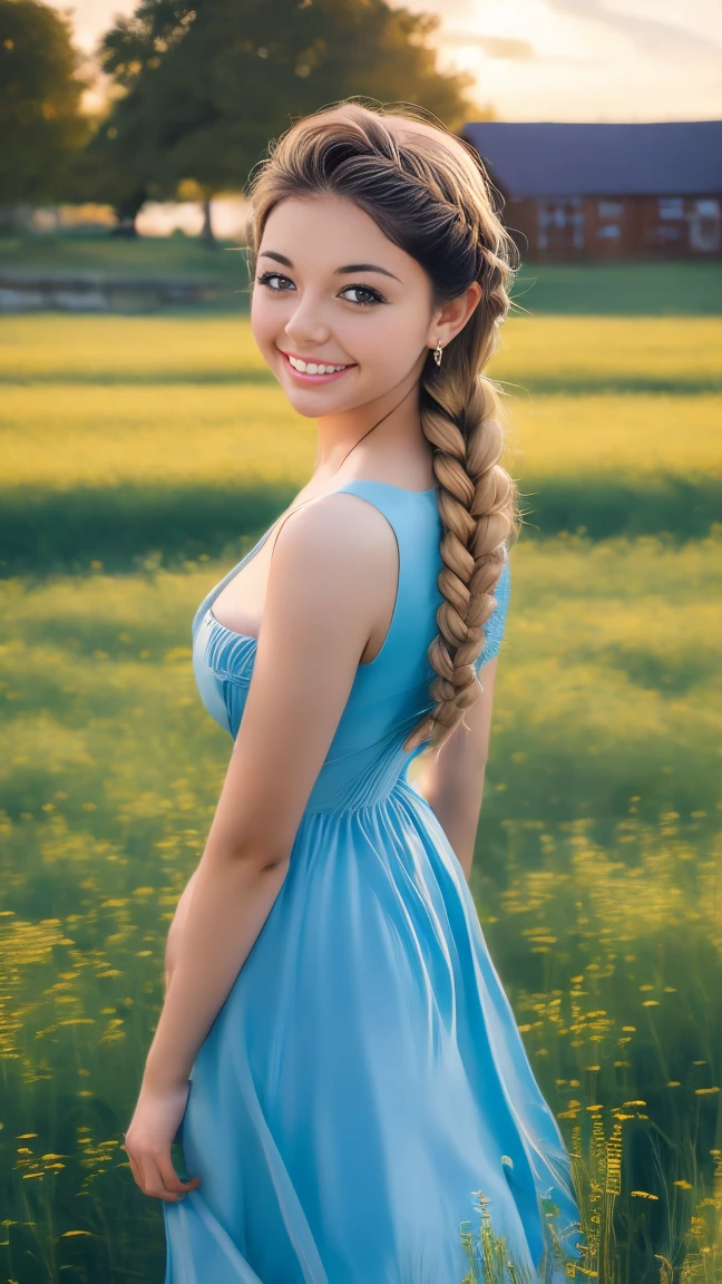 A photo of a TOK person, 1girl, 20 years old, tall and attractive, wearing a cute country dress, hair braided, standing in a rustic farm setting. She has a soft, gentle smile and expressive eyes. In the background are charming barns, golden wheat fields and clear blue skies. The composition should be bathed in warm golden hour light, with soft depth of field and soft bokeh to accentuate the idyllic tranquility. Capture images as if they were shot on vintage 35mm film for added oomph, filmg,