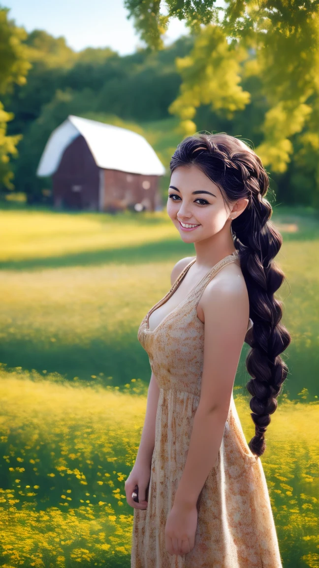 A photo of a TOK person, 1girl, 20 years old, tall and attractive, wearing a cute country dress, hair braided, standing in a rustic farm setting. She has a soft, gentle smile and expressive eyes. In the background are charming barns, golden wheat fields and clear blue skies. The composition should be bathed in warm golden hour light, with soft depth of field and soft bokeh to accentuate the idyllic tranquility. Capture images as if they were shot on vintage 35mm film for added oomph, filmg,