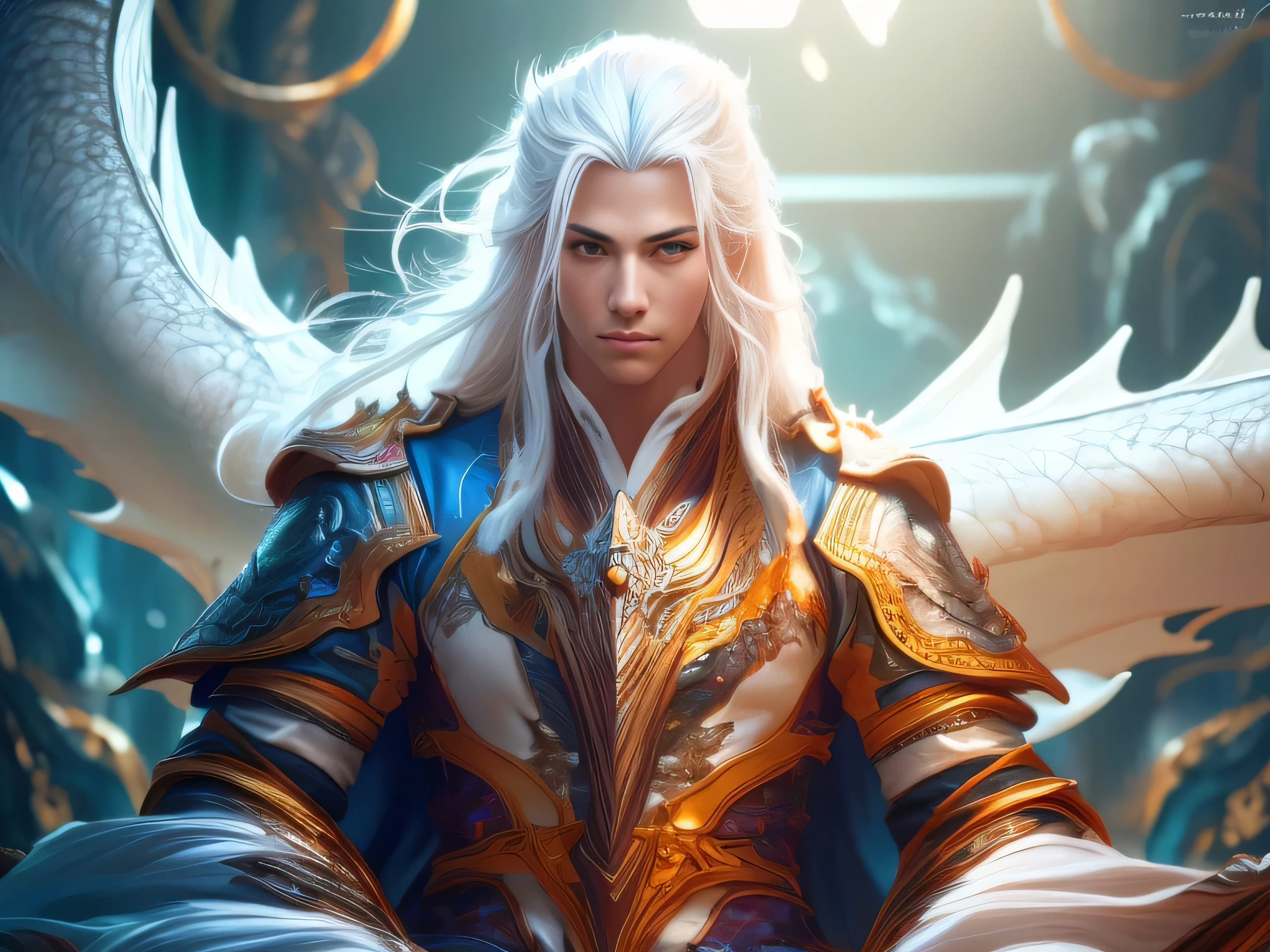 (Best Quality, 8K, Masterpiece, HDR, Soft Lighting, Picture Perfect, Realistic, Vivid), Male Humanoid Dragon (1.0), 1 Guy, Perfect Face, Super Detailed Photo of a Gorgeous Humanoid Dragon Man with Long White Hair, Side by Side lies a white dragon, Beautiful anime fantasy, background blur, anime fantasy, work in the style of Gouves, realism: 1.37, long white hair, plump lips, (Ultra high quality fantasy art), Masterpiece, male model, male character ultra high quality designs, detailed 8k anime art, realistic anime art, highest quality wallpapers, intricate ultra high quality accurate male characters faces, high quality designs and accurate physics (fantasy - ultra high quality art), dark fantasy style), masterpieces, super high quality quality characters, anime resolution - 8K, realistic anime art, wallpapers with the highest quality illustrations, ultra-high detail faces, high-quality design and accurate physics), color, depth of field, shadows, ray tracing, high-quality execution. -high quality and 8K resolution, (Accurate simulation of the interaction of light and materials)], [High-quality hair detail [Read more about beautiful and shiny white hair]], (Beautifully detailed hands [perfect fingers [Perfect nails]]], (perfect anatomy ( perfect proportions)))) [[Full-length]], [Perfect combination of colors (Accurate imitation of the interaction of light and material)], [art that conveys the meaning of the story](modified)