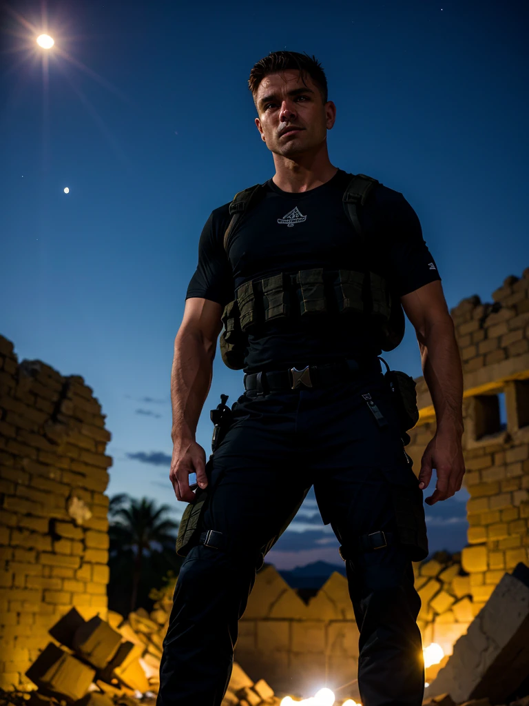 Special forces soldier, tactical vest, black T-shirt, tactical pants, special forces unloading, standing in the middle of the ruins, looking at the viewer, night, dark lighting, depth of field, bokeh